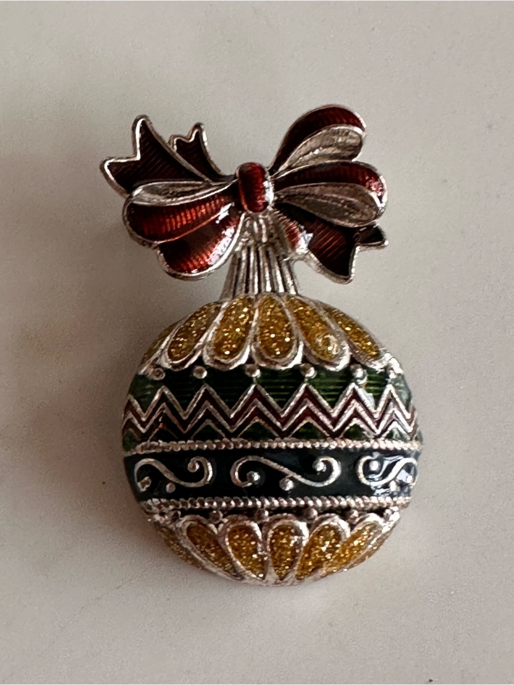Decorative Gold & Green Enamel Holiday Brooch with Red Bow